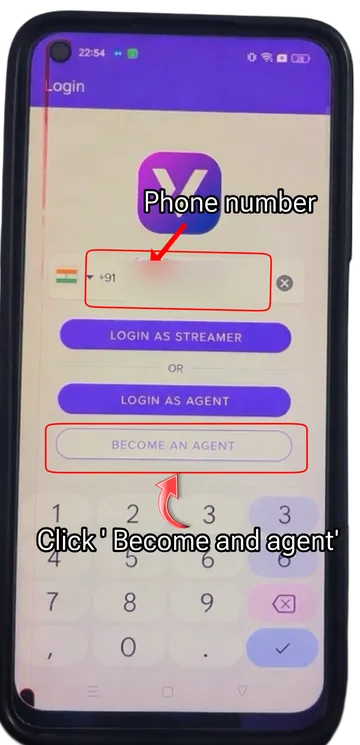Vitok App login screen with a phone number field and the Login as Streamer, Login as Agent and Become an Agent buttons